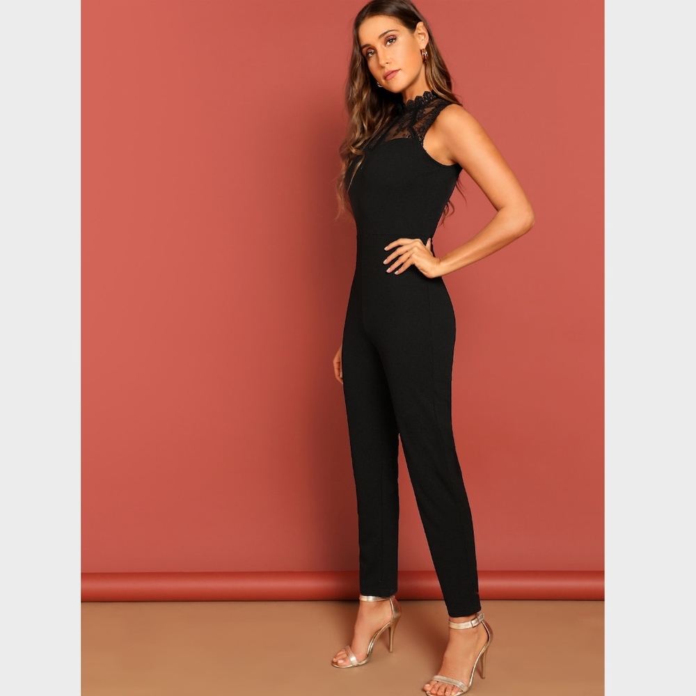 Black Lace Detail Tapered Leg Jumpsuit - Picture 2 of 8